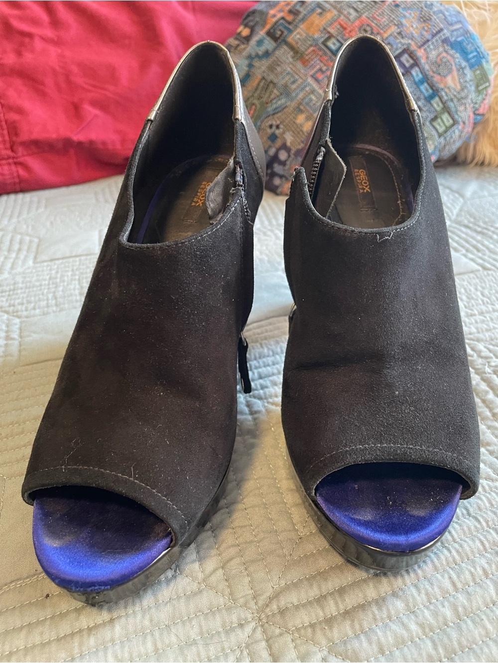 Geox Black Suede Peep-Toe Heeled Booties with Blue Insoles